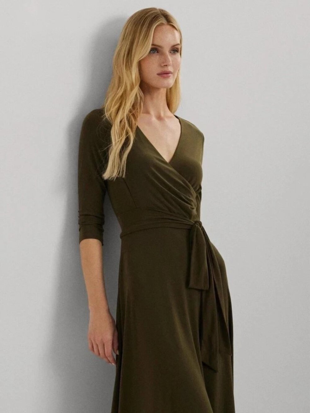 Lauren Ralph Lauren Womens Surplice Jersey Dress Olive Green Size 6 MSRP $145